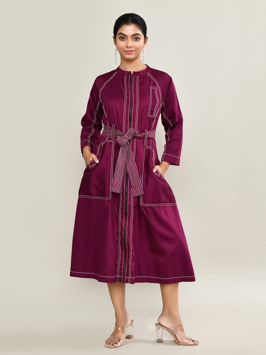

The Maple Women Round Neck A-Line Midi Dress, Magenta