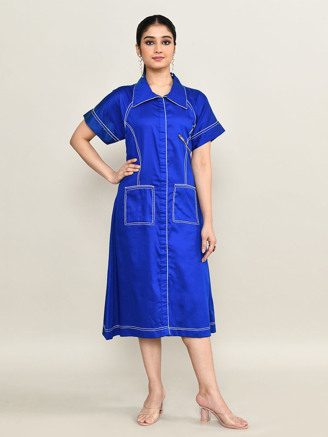 

The Maple Women Shirt Collar A-Line Midi Dress, Blue
