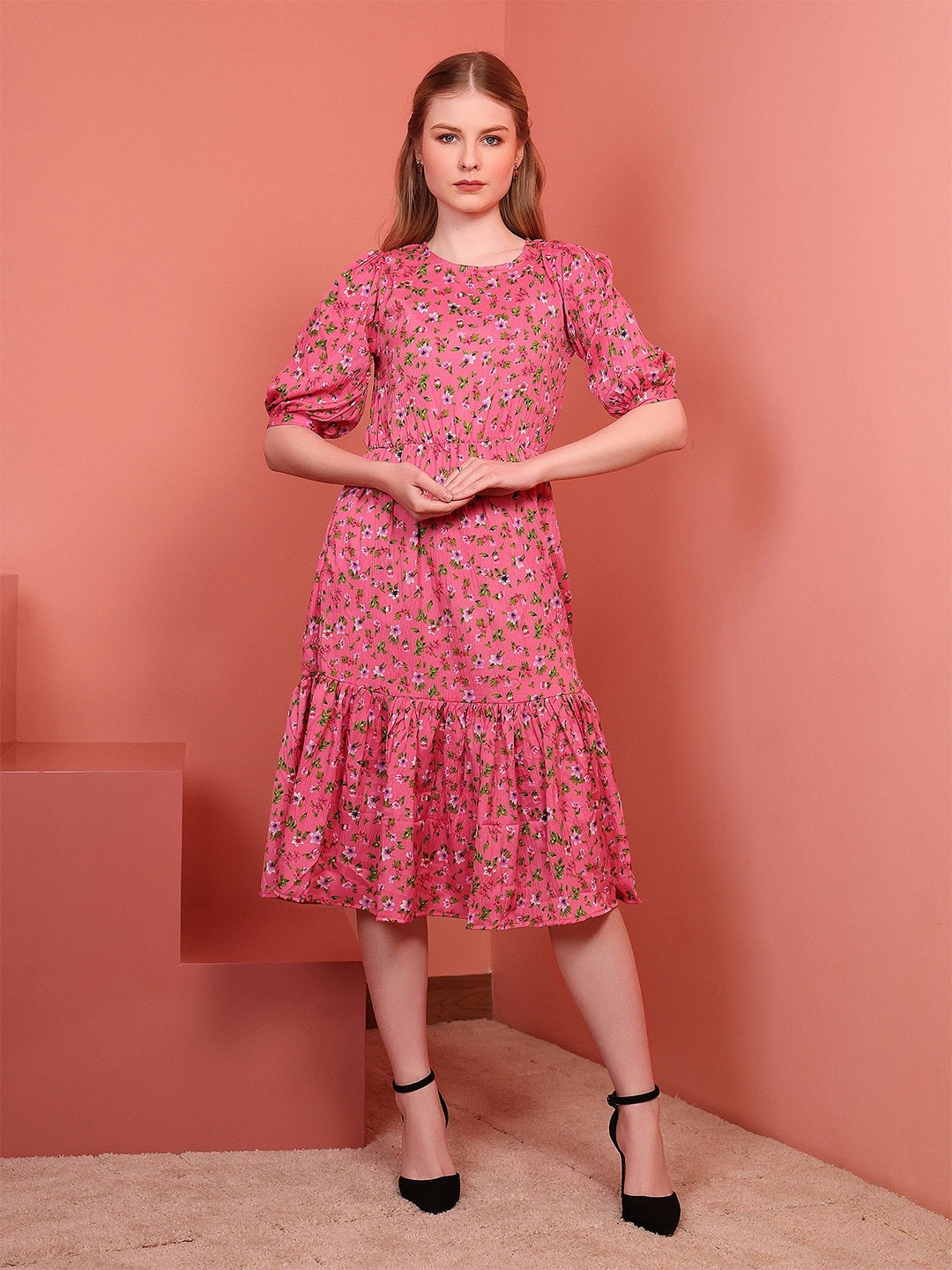 

Womenster Floral Printed Puff Sleeves Crepe A-Line Dress, Pink