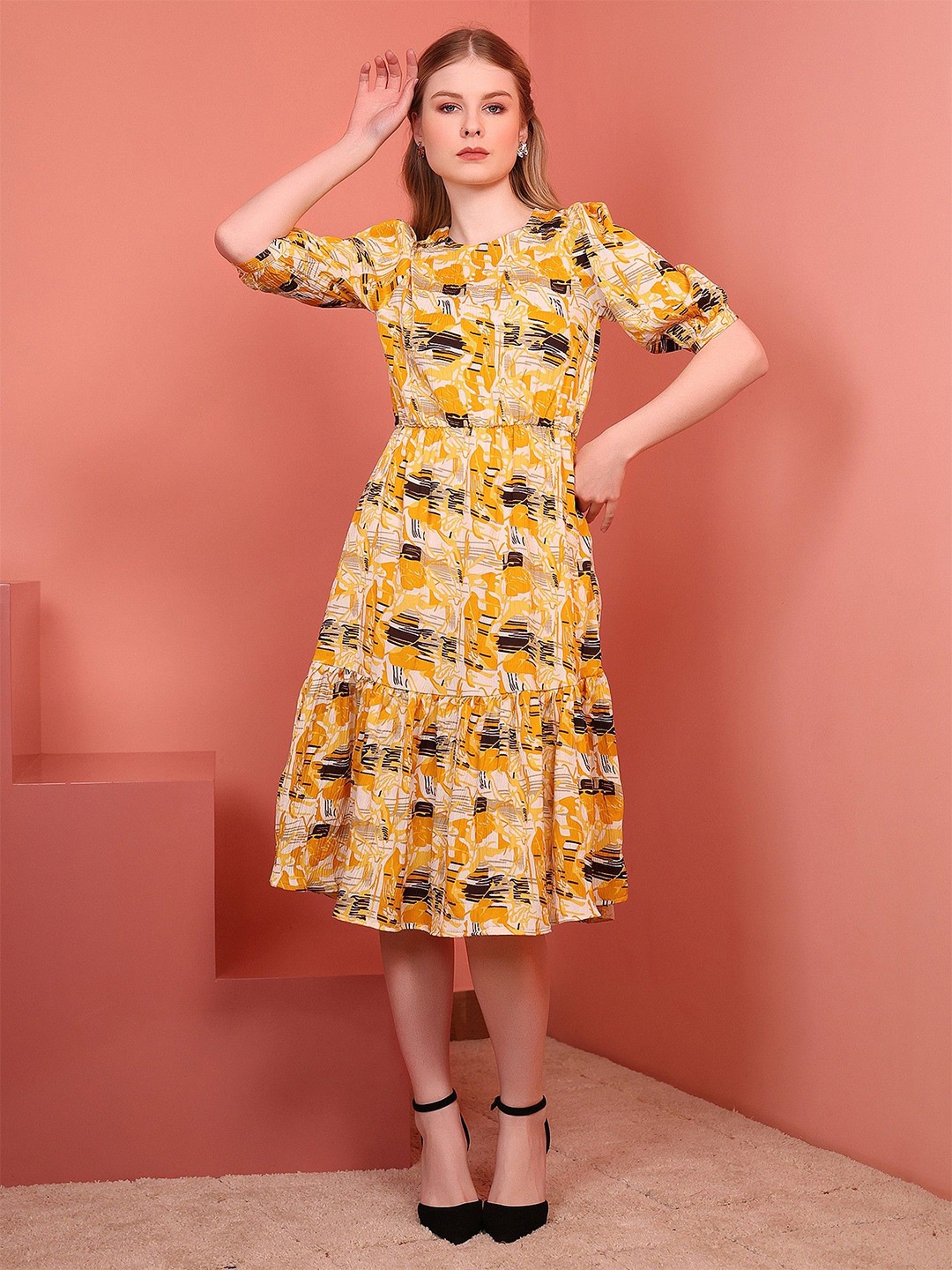 

Womenster Floral Printed Puff Sleeves Crepe A-Line Dress, Yellow