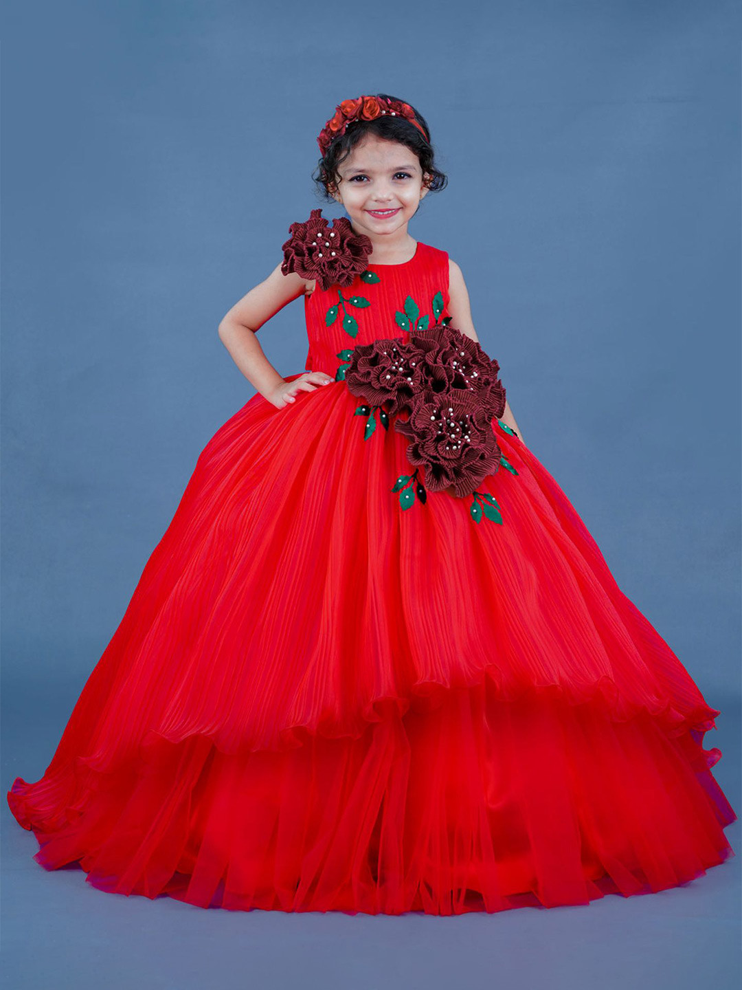 

Li & Li Boutique Girls Floral Embroidered Net Fit and Flare Maxi Dress, Red