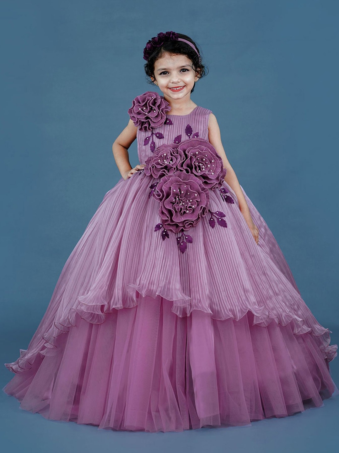 Li & Li Boutique Girls Floral Embroidered Net Fit and Flare Maxi Dress, Lavender
