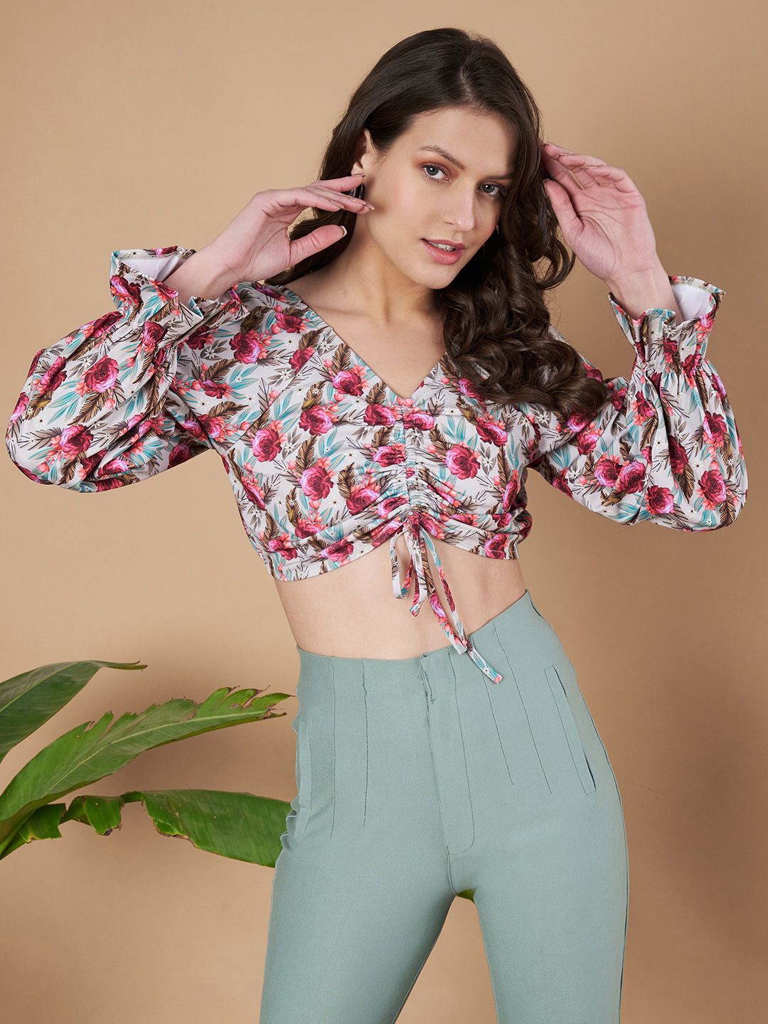 

Slenor Women Floral Printed Ruched Tie-Front Crop Blouson Top, Blue