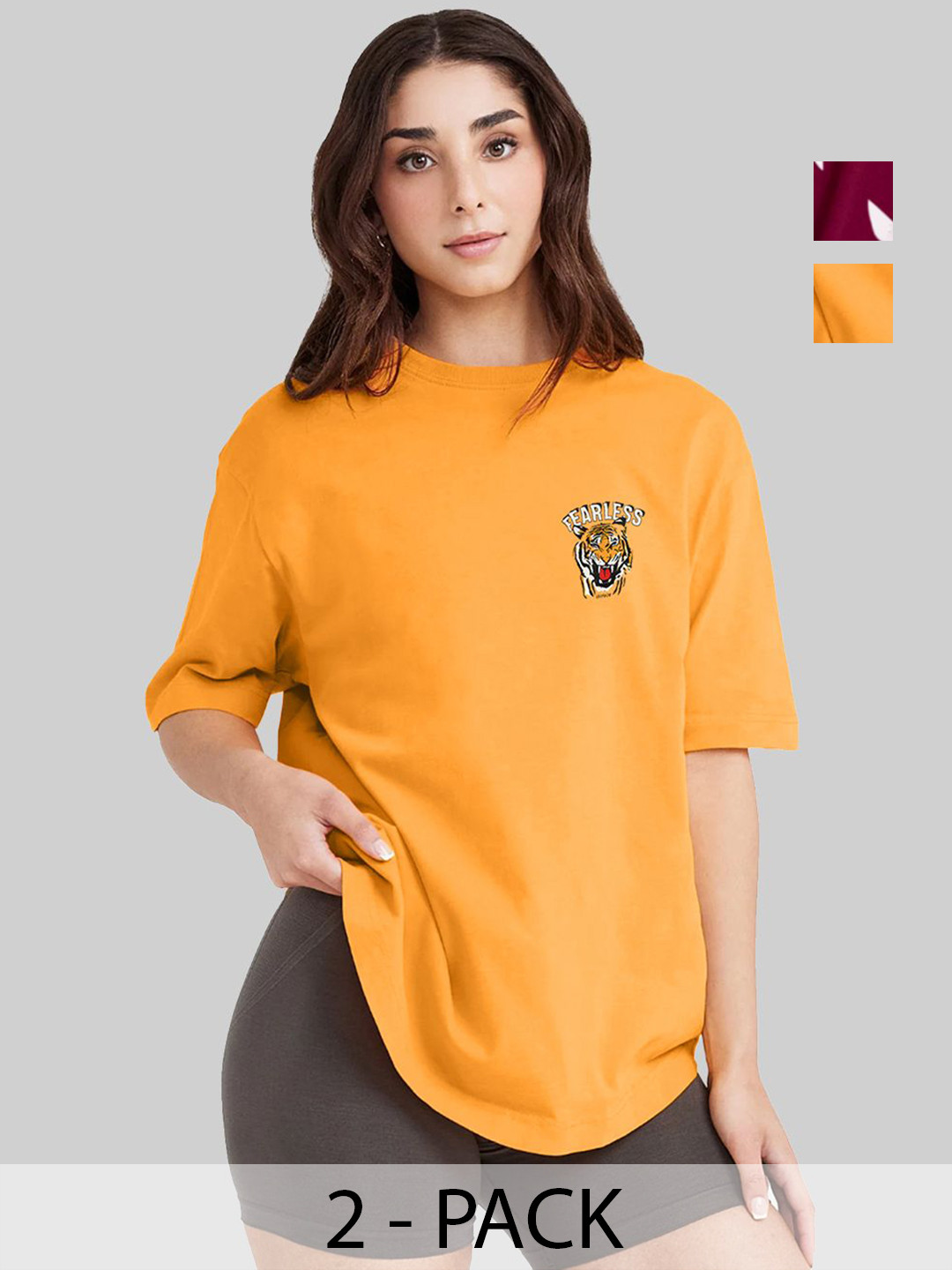 

Leotude Women Pack Of 2 Graphic Printed Round Neck Cotton Oversized T-shirts, Orange