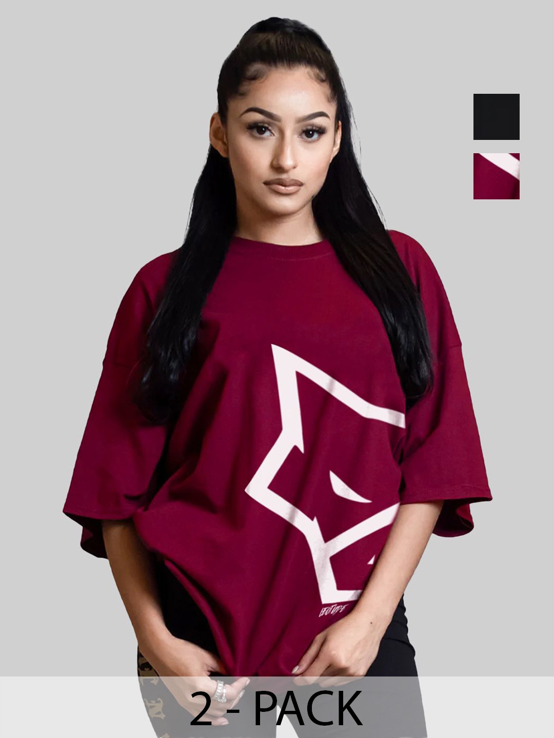 

Leotude Women Pack Of 2 Graphic Printed Round Neck Cotton Oversized T-shirts, Maroon