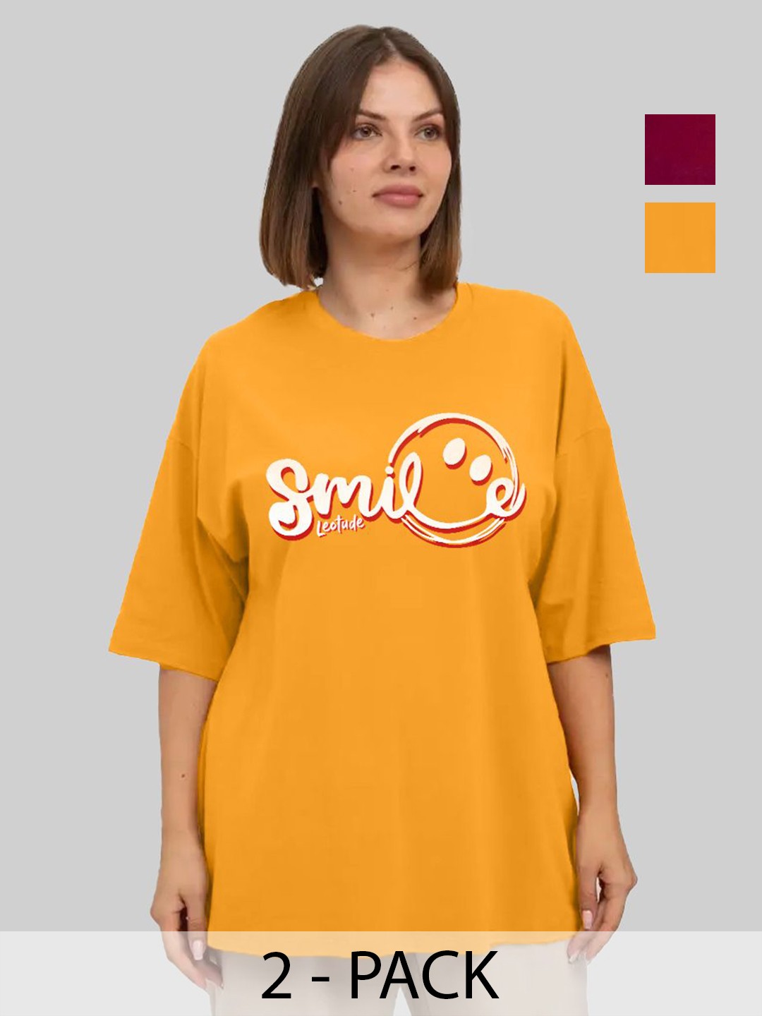 

Leotude Women Pack Of 2 Typography Printed Round Neck Cotton Oversized T-shirts, Maroon