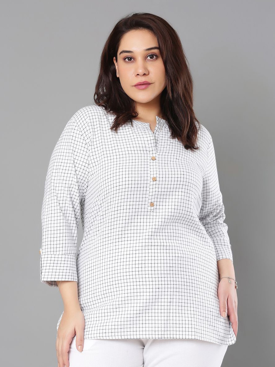 

Sztori Women Plus Size Checked Cotton Top, White