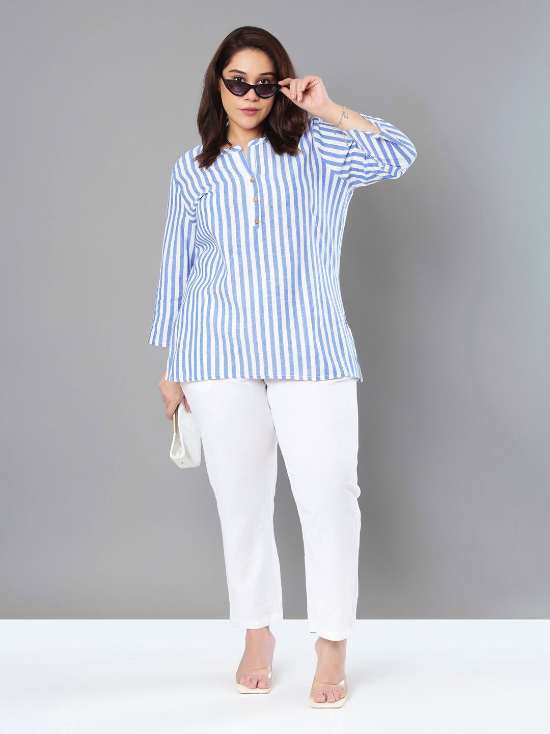 

Sztori Women Plus Size Striped Cotton Top, Blue