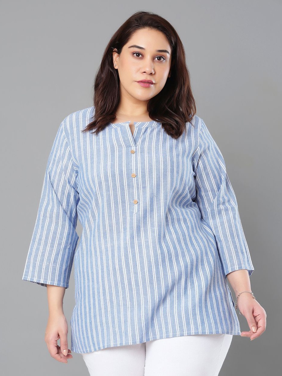 

Sztori Women Plus Size Striped Cotton Top, Blue