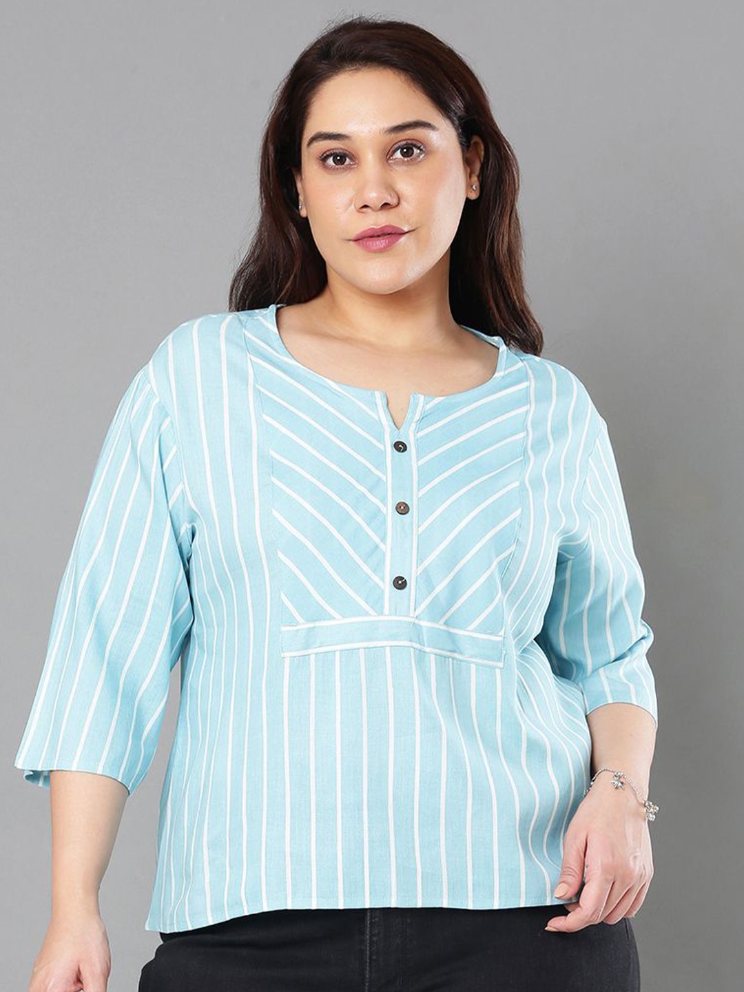 

Sztori Women Plus Size Striped Cotton Top, Blue
