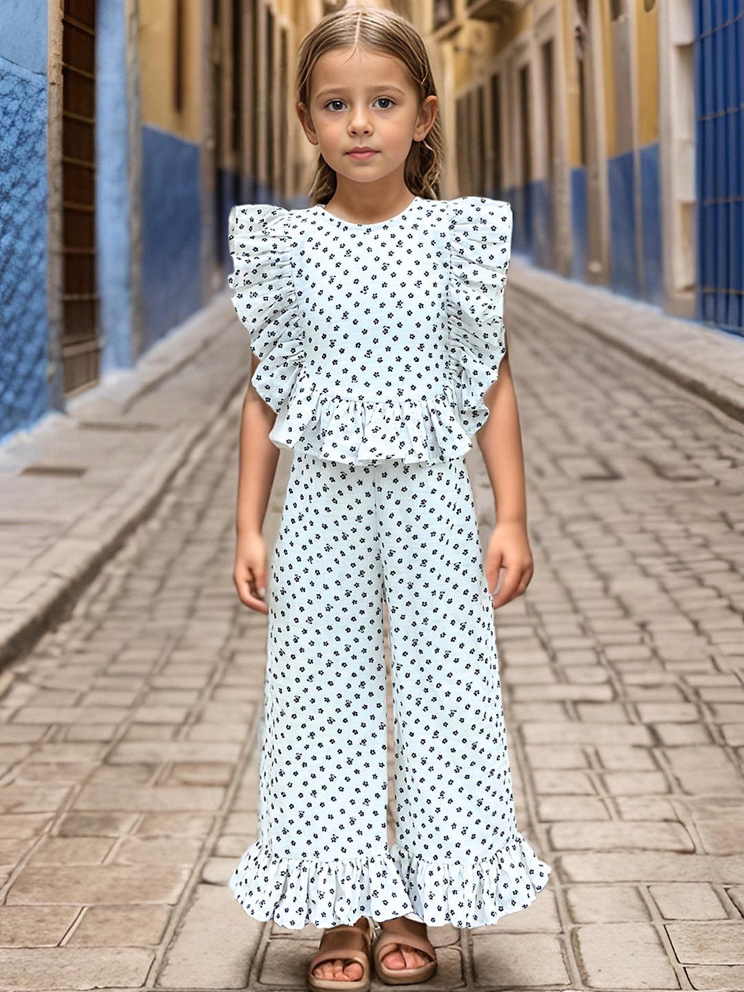

Safehugs Girls Printed Round Neck Short Sleeves Pure Cotton Top With Trouser, White