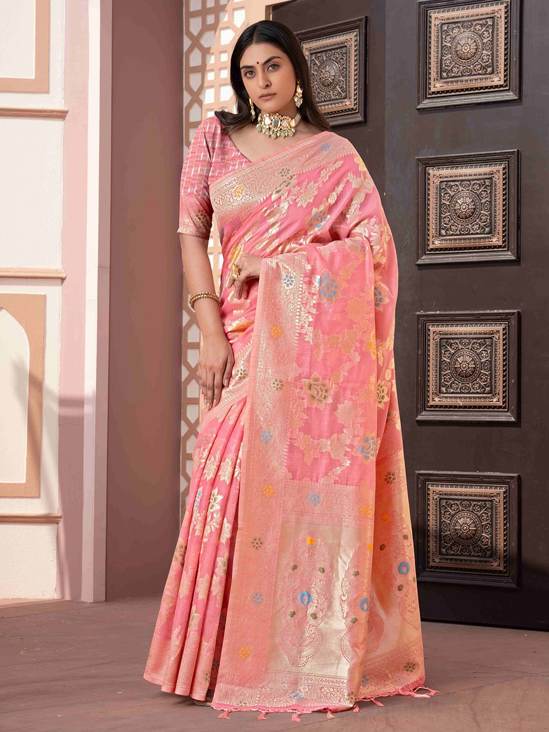 

HEER FASHION Woven Design Zari Organza Banarasi Saree, Pink