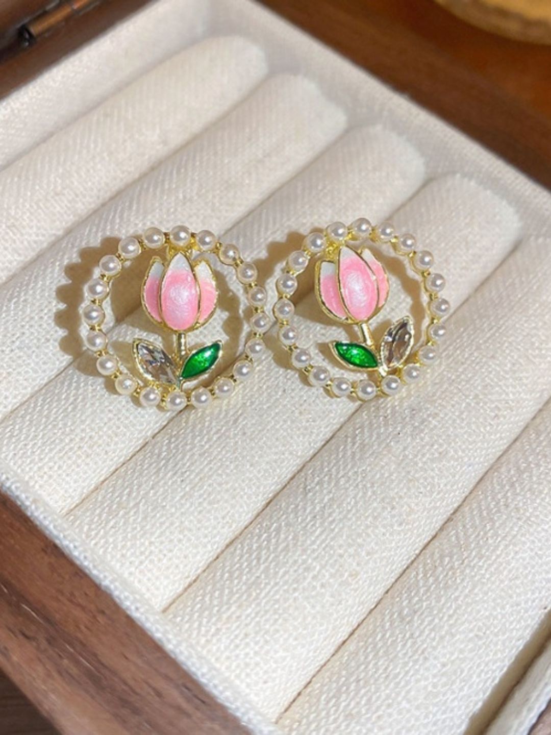 

DressBerry Gold-Plated Pearls Floral Shaped Enamelled Studs Earrings, Pink