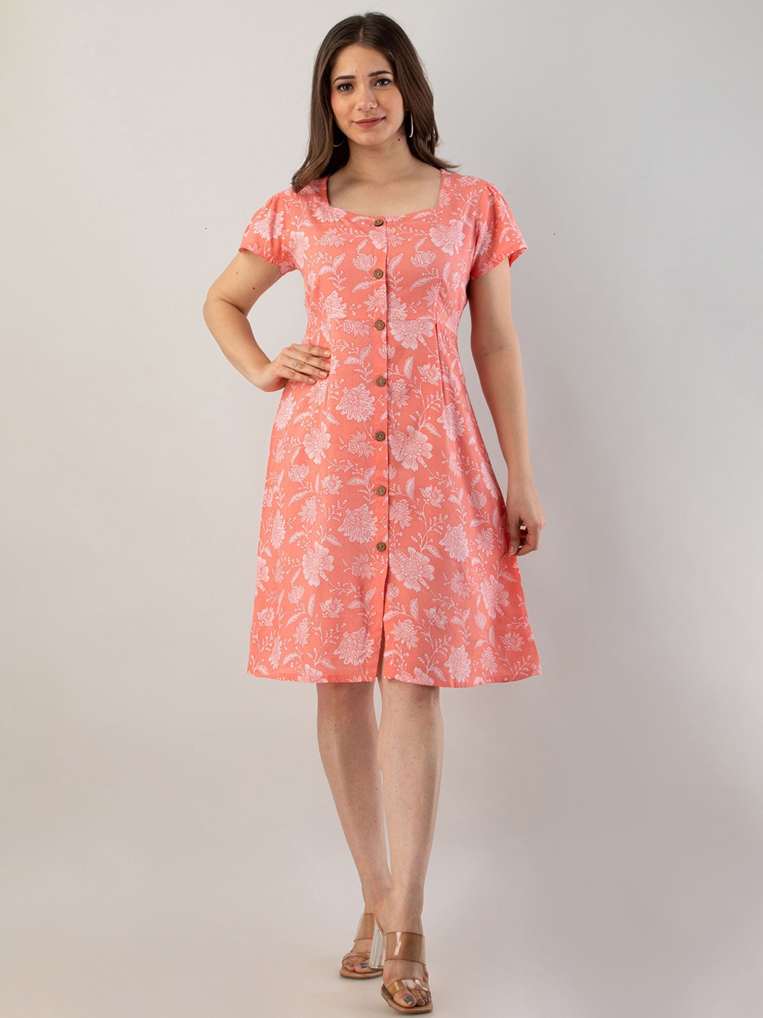 

Shedika Floral Printed Square Neck Flared Sleeves A-Line Dress, Rose