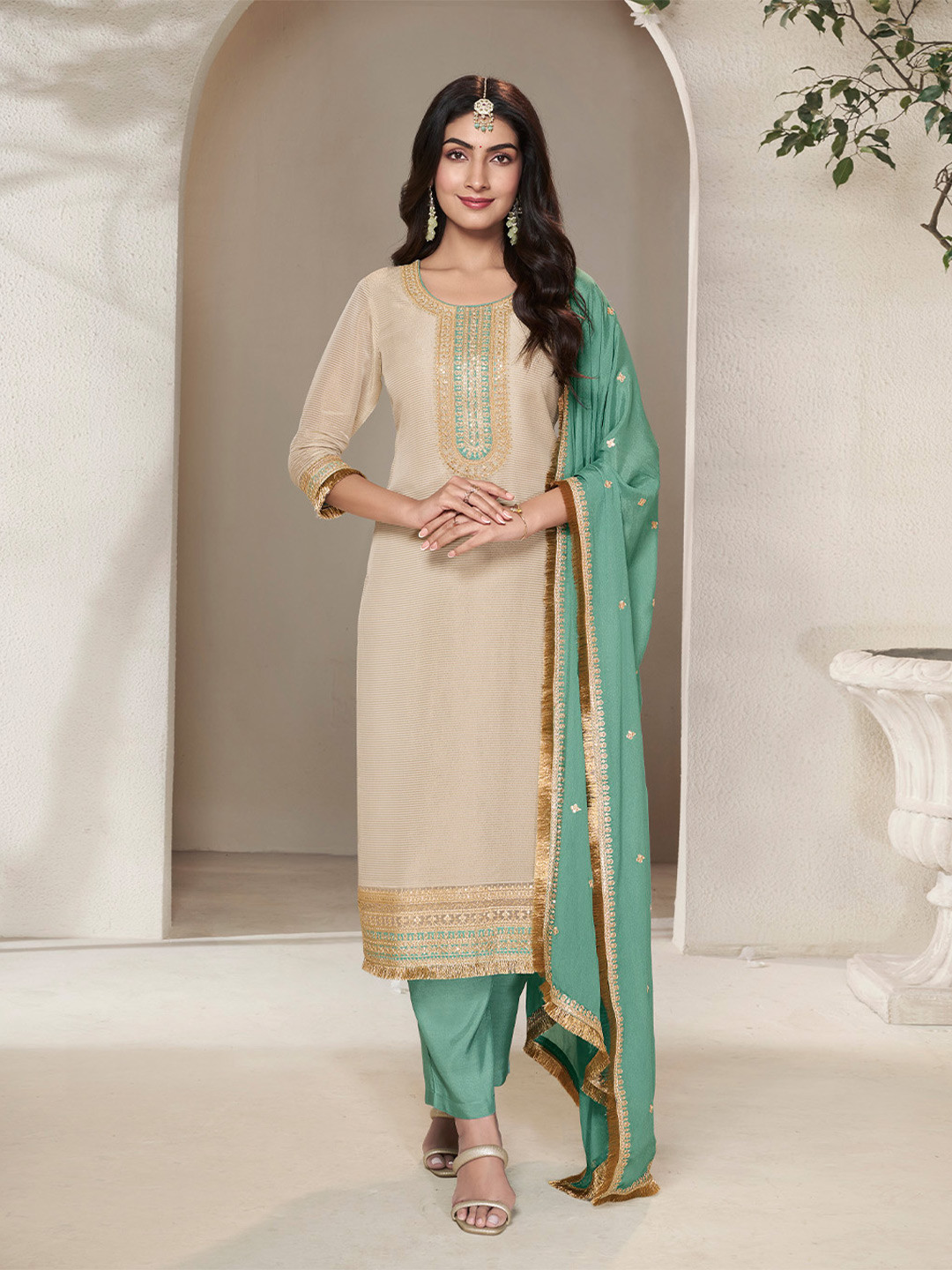 

Seerat Ethnic Motifs Zari Straight Kurta with Trouser And Dupatta, Cream