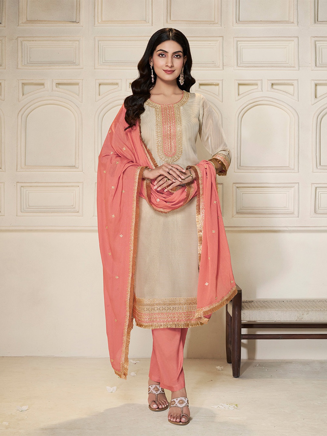 

Seerat Ethnic Motifs Zari Straight Kurta with Trouser And Dupatta, Cream