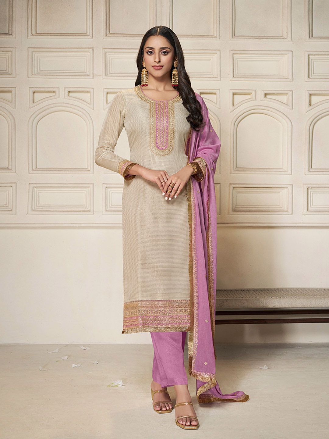 

Seerat Ethnic Motifs Zari Straight Kurta with Trouser And Dupatta, Cream