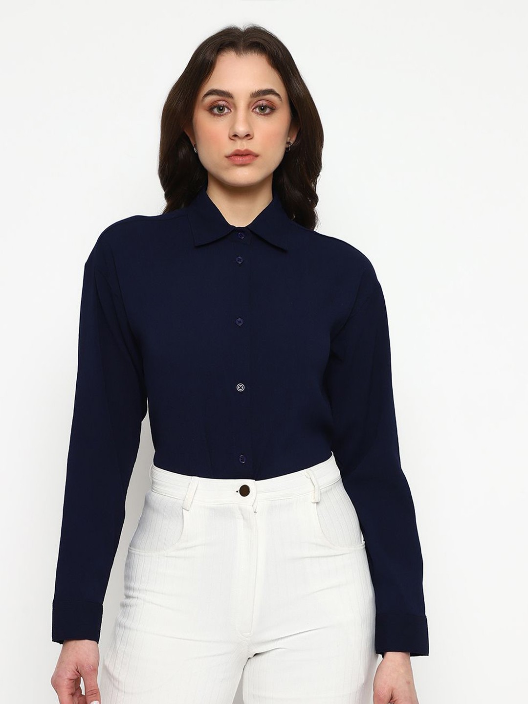 

Satrisha Women Spread Collar Solid Casual Shirt, Navy blue