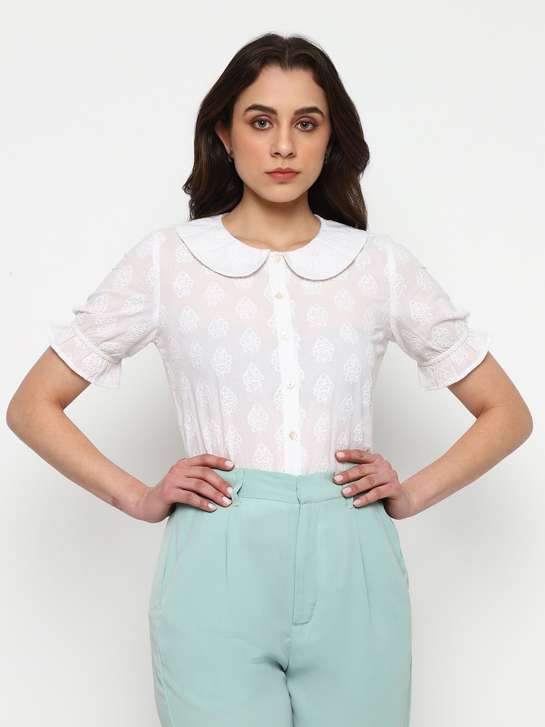 

Satrisha Women Peter Pan Collar Cotton Formal Shirt Style Top, White
