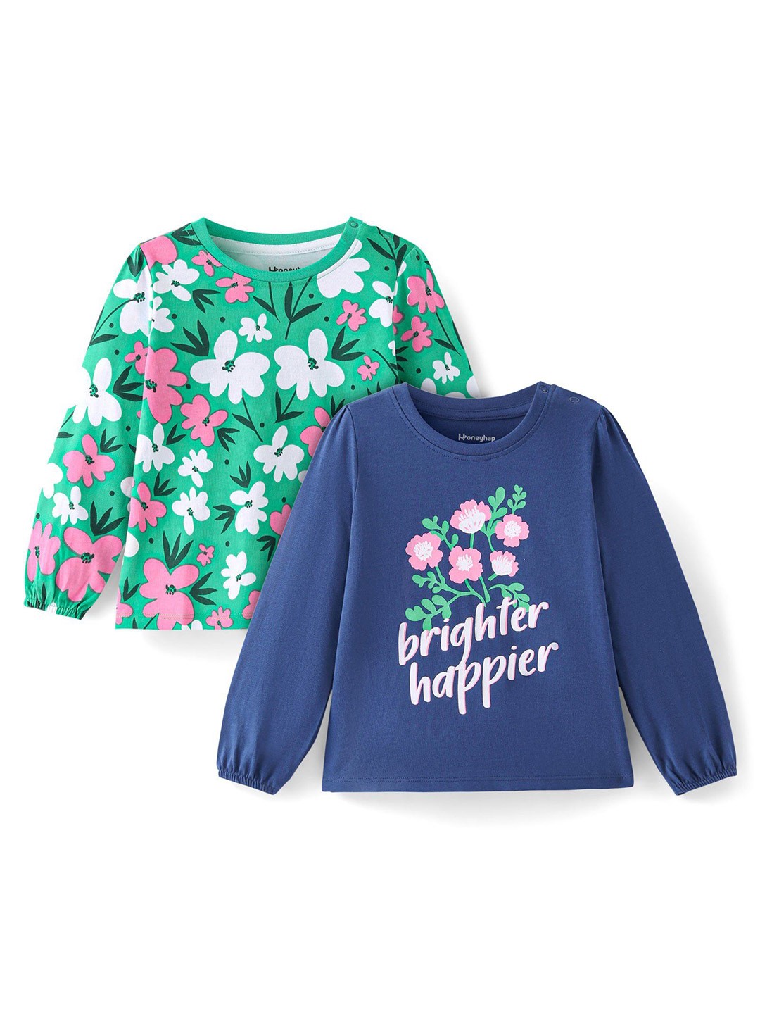 

Honeyhap Girls Pack Of 2 Printed Pure Cotton Top, Navy blue