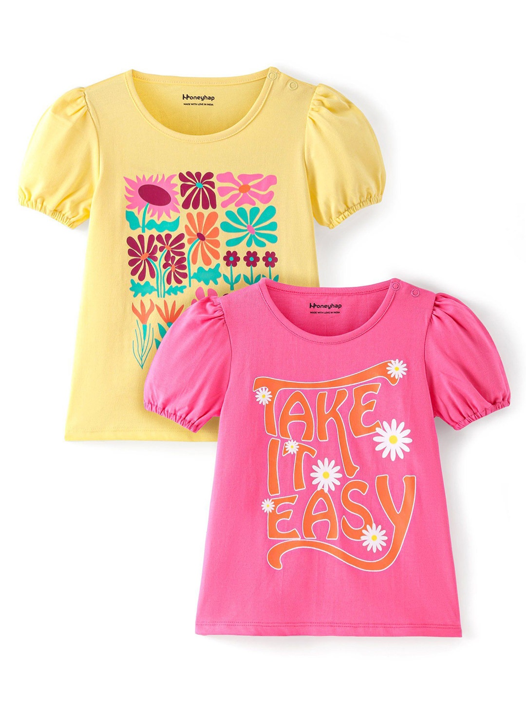 

Honeyhap Girls Puff Sleeve Pure Cotton Top, Pink