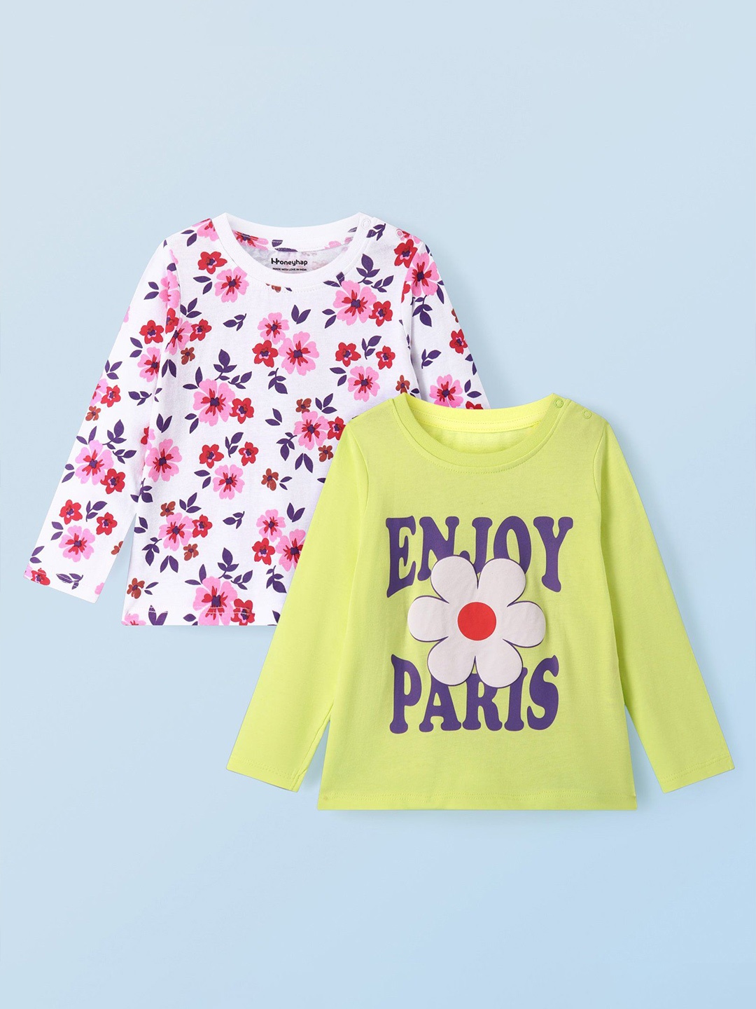 

Honeyhap Girls Pack Of 2 Printed Pure Cotton T- shirts, White