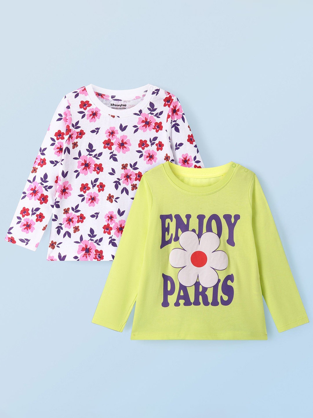 

Honeyhap Girls Pack of 2 Printed Pure Cotton Top, White