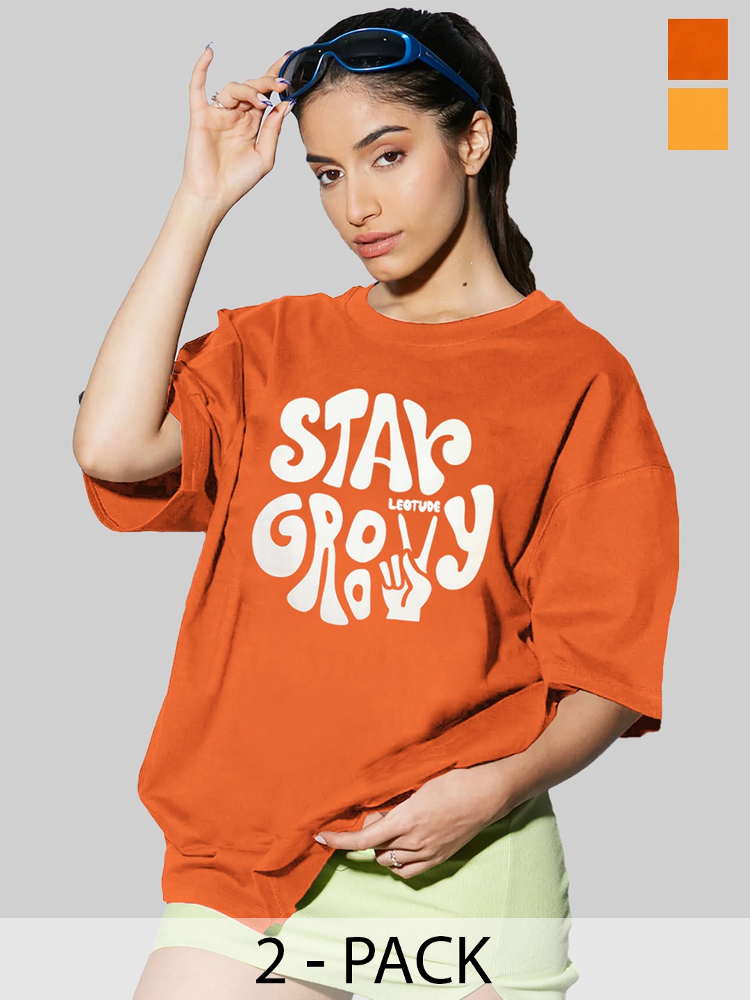 

Leotude Women Pack Of 2 Typography Printed Round Neck Cotton Oversized T-shirts, Orange