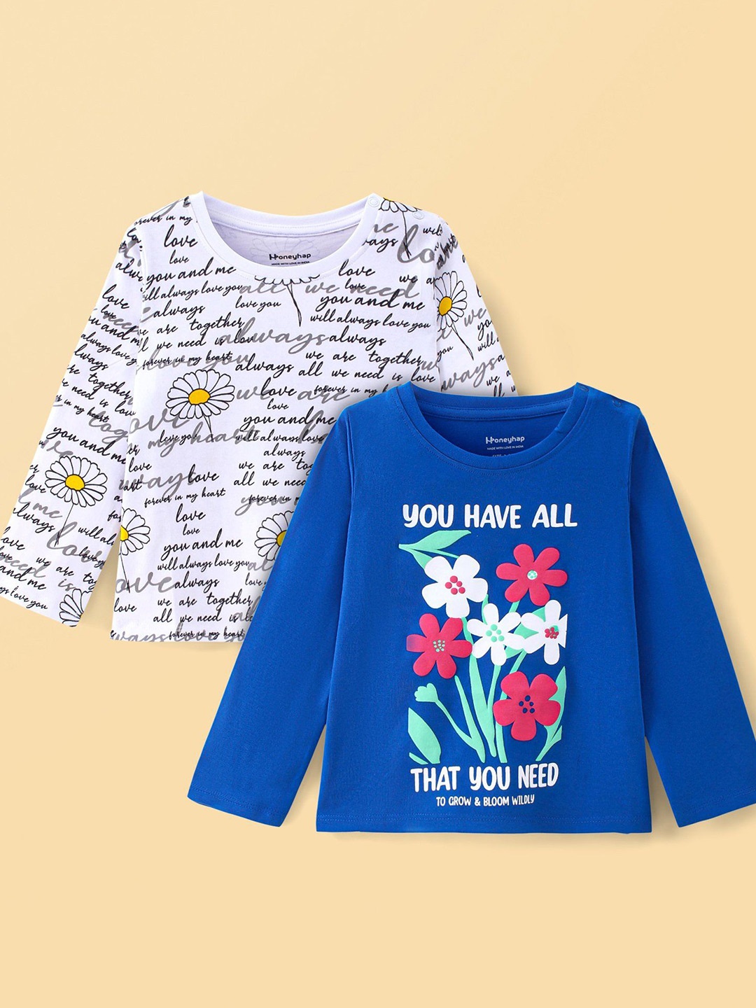 

Honeyhap Girls Pack Of 2 Printed Pure Cotton Top, White