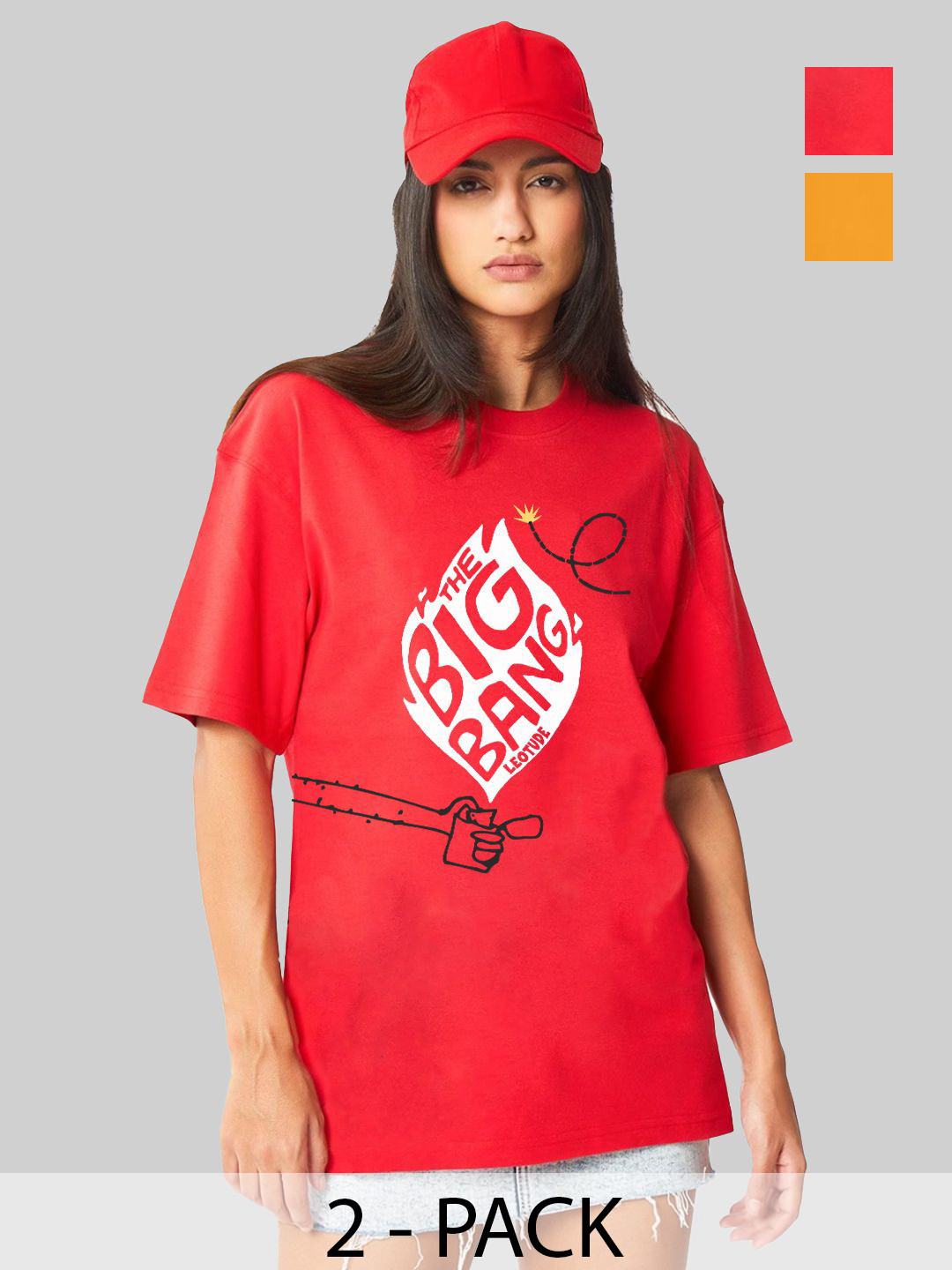 

Leotude Women Pack Of 2 Typography Printed Round Neck Cotton Oversized T-shirts, Mustard