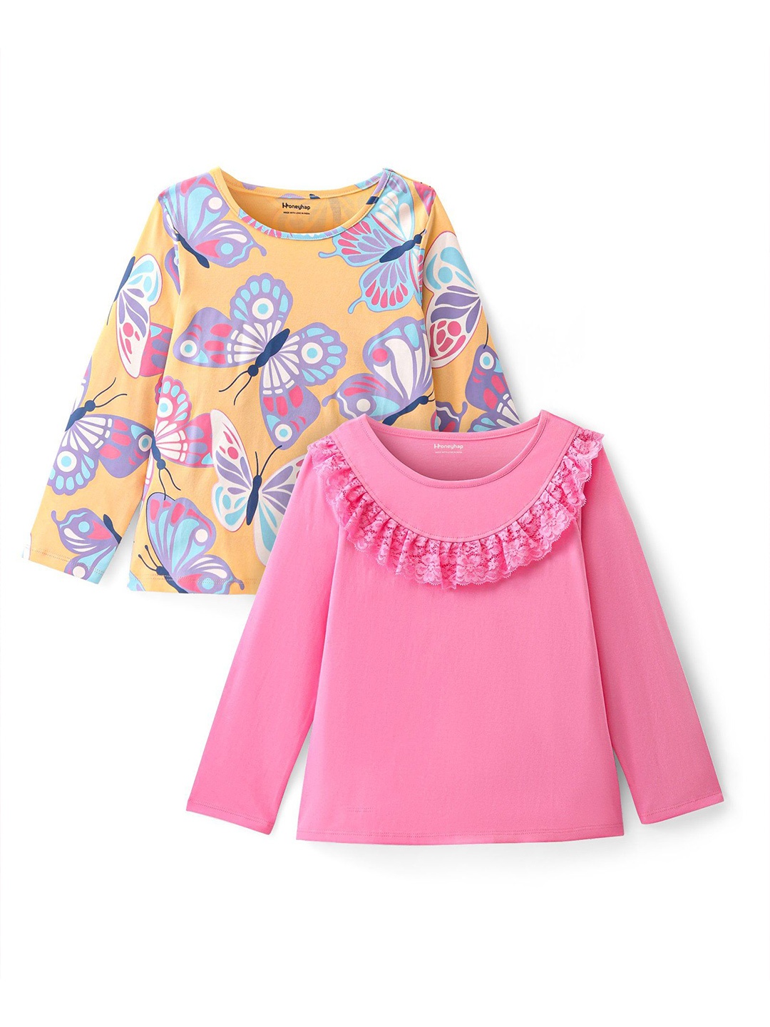 

Honeyhap Girls Pack of 2 Printed Pure Cotton Top, Pink