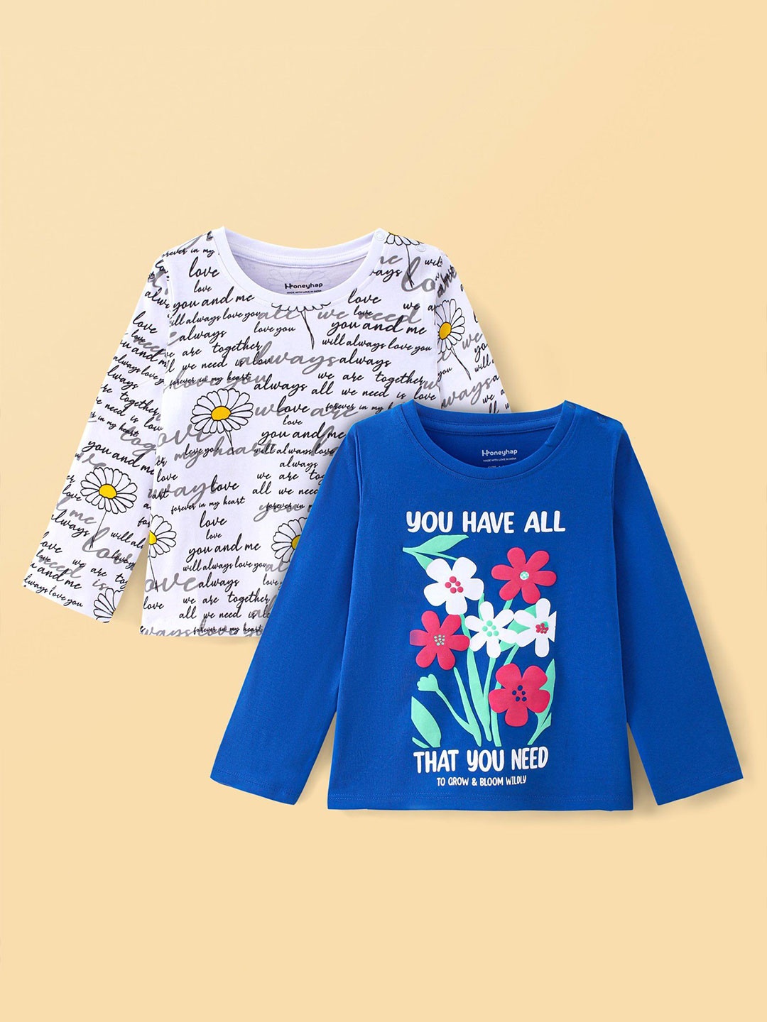 

Honeyhap Girls Pack Of 2 Printed Pure Cotton Top, White