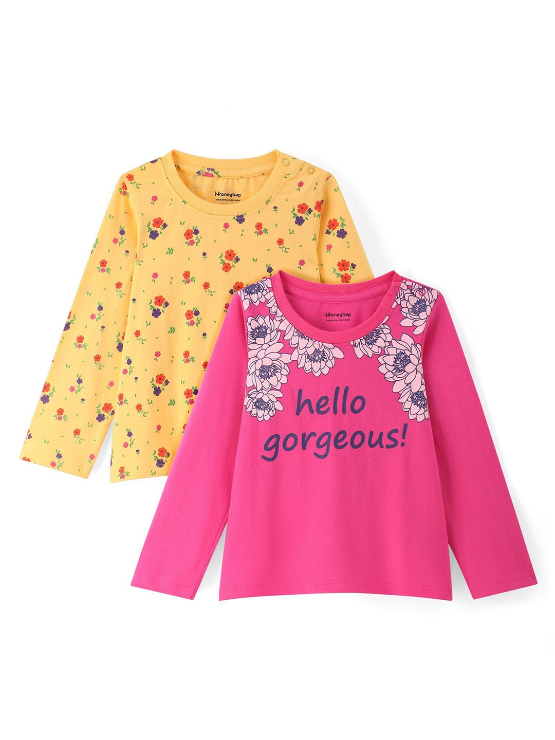 

Honeyhap Girls Pack of 2 Floral Printed Pure Cotton Top, Pink