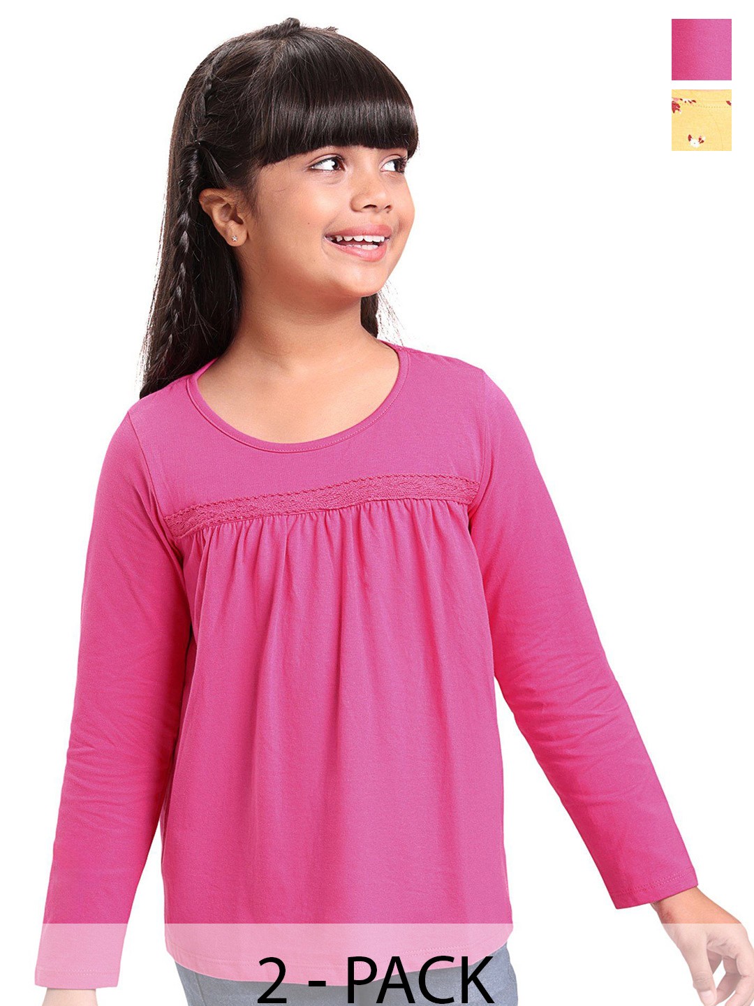 

Honeyhap Girls Pack of 2 Floral Printed Pure Cotton Top, Pink