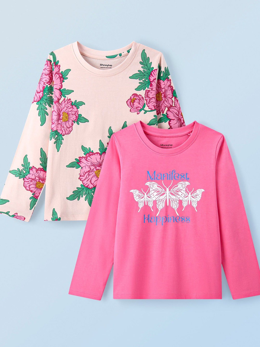 

Honeyhap Girls Pack Of 2 Floral Print Cotton Top, Pink