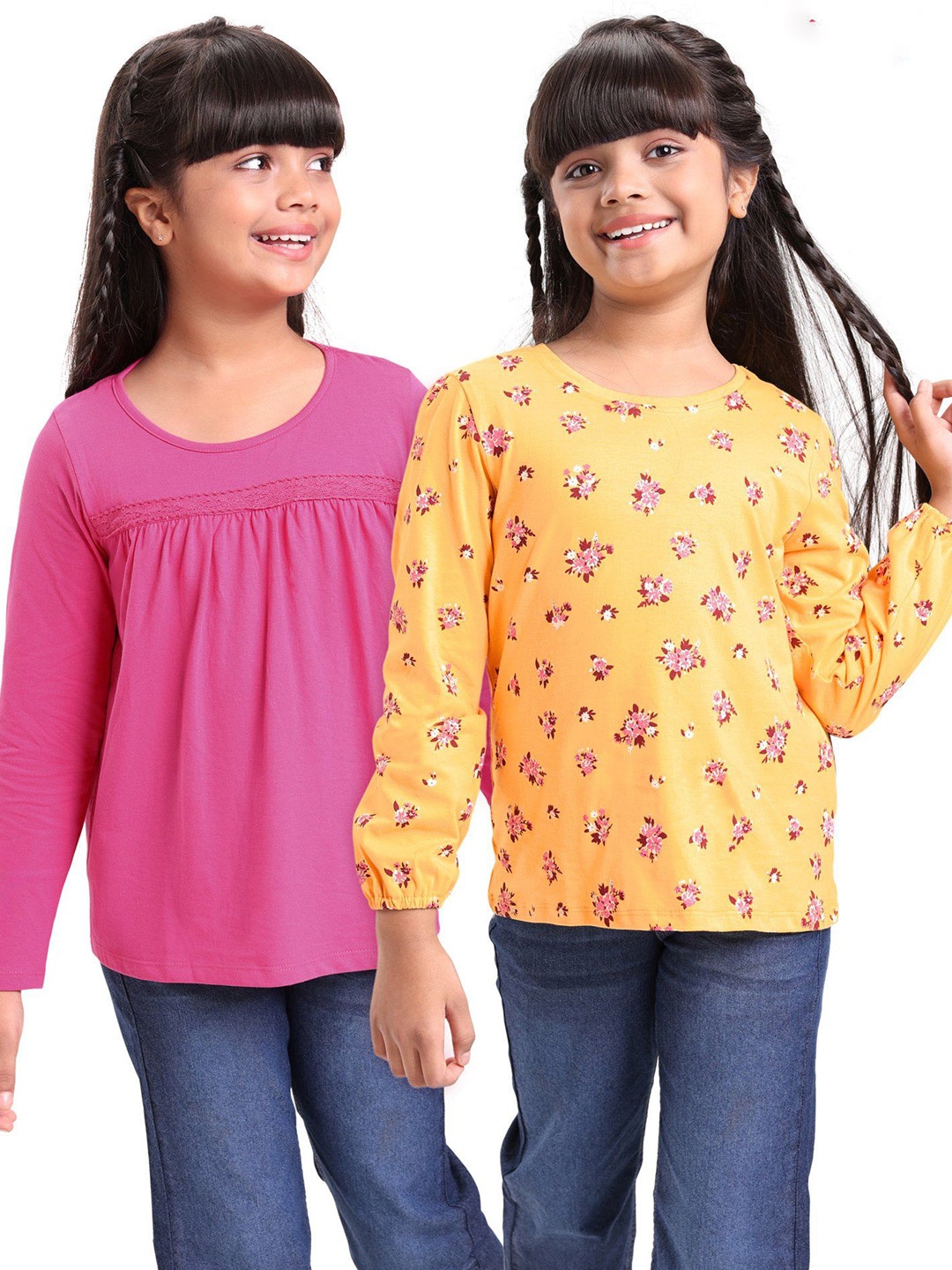 

Honeyhap Girls Pack Of 2 Floral Print Cotton Blouson Top, Pink