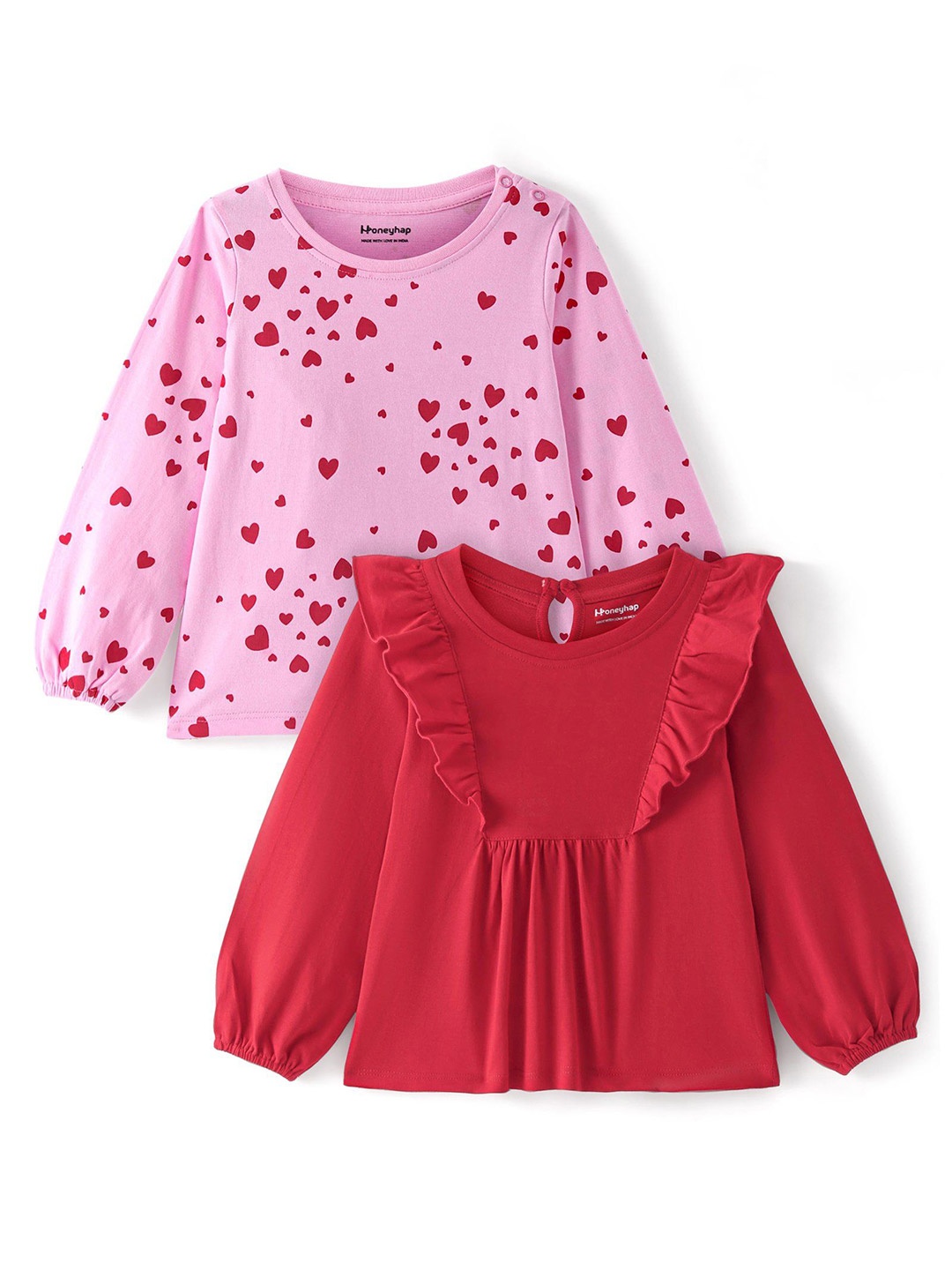 

Honeyhap Girls Pack Of 2 Geometric Print Cotton Top, Pink