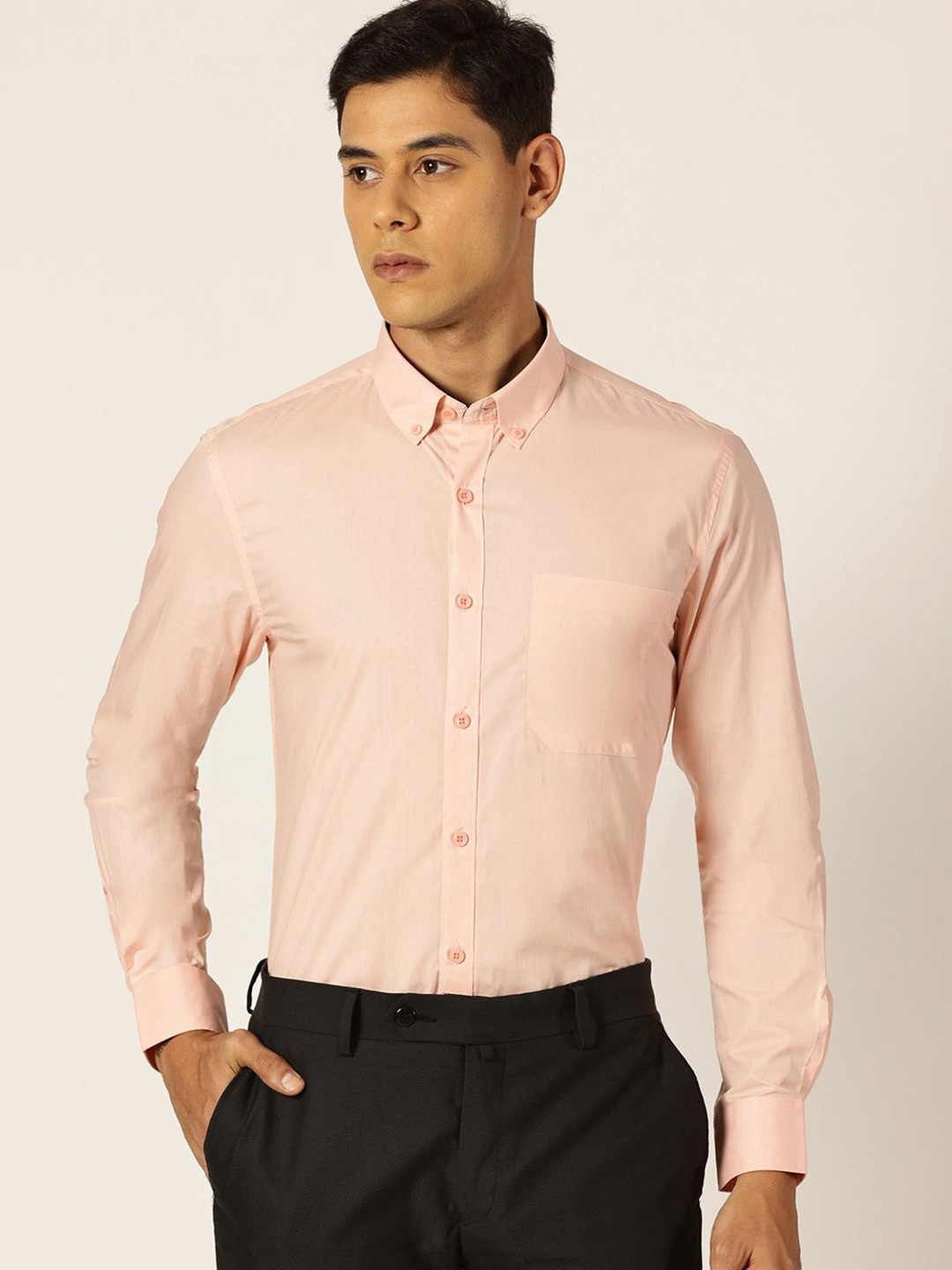 

Thomas Scott Men Premium Slim Fit Button-Down Collar Solid Cotton Formal Shirt, Peach