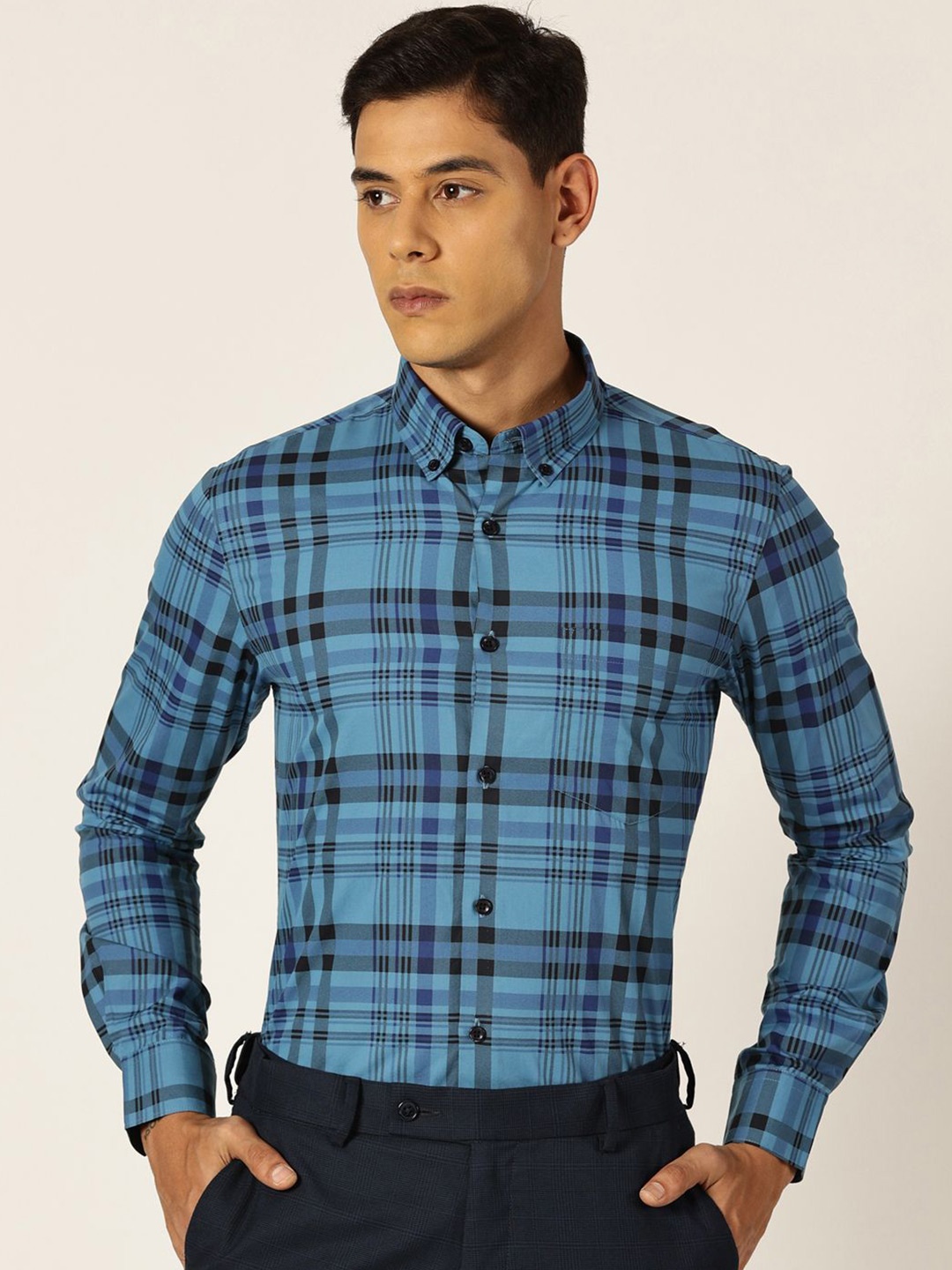 

Thomas Scott Men Premium Slim Fit Button-Down Collar Tartan Checked Cotton Formal Shirt, Teal