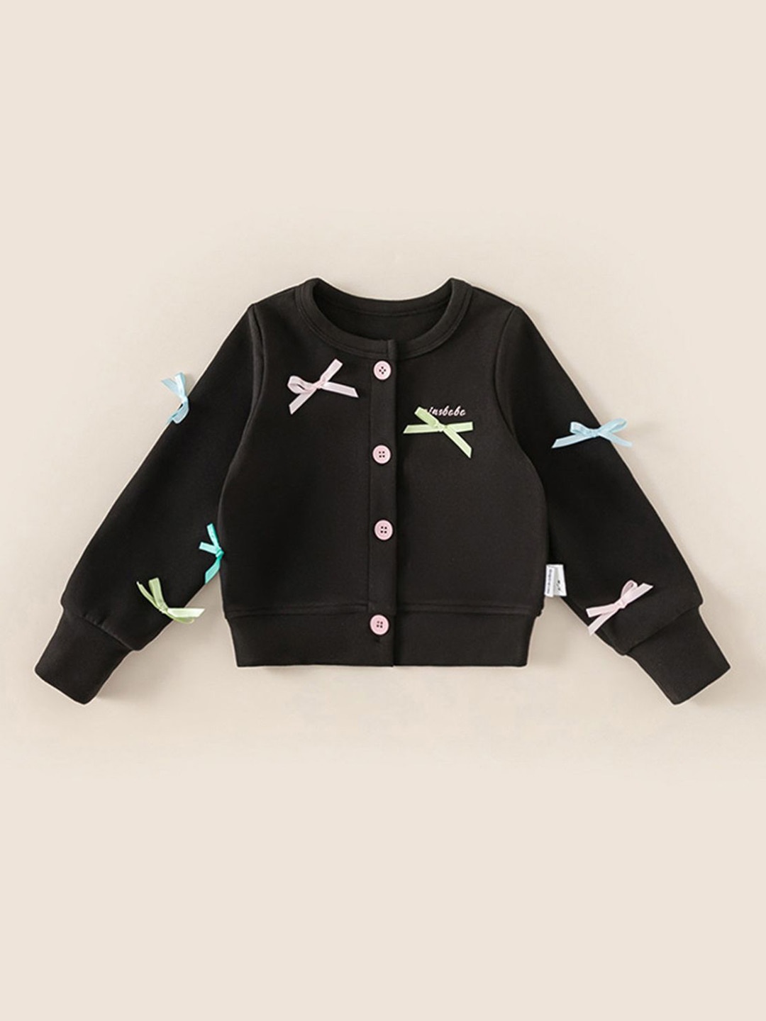 

LULU & SKY Girls Typography Embroidered Applique Cardigan With Bow Details, Black