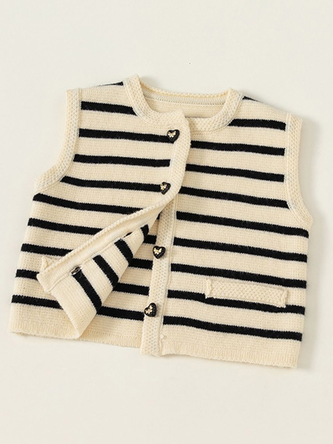 

LULU & SKY Girls Striped Sleeveless Front-Open Sweater, Beige