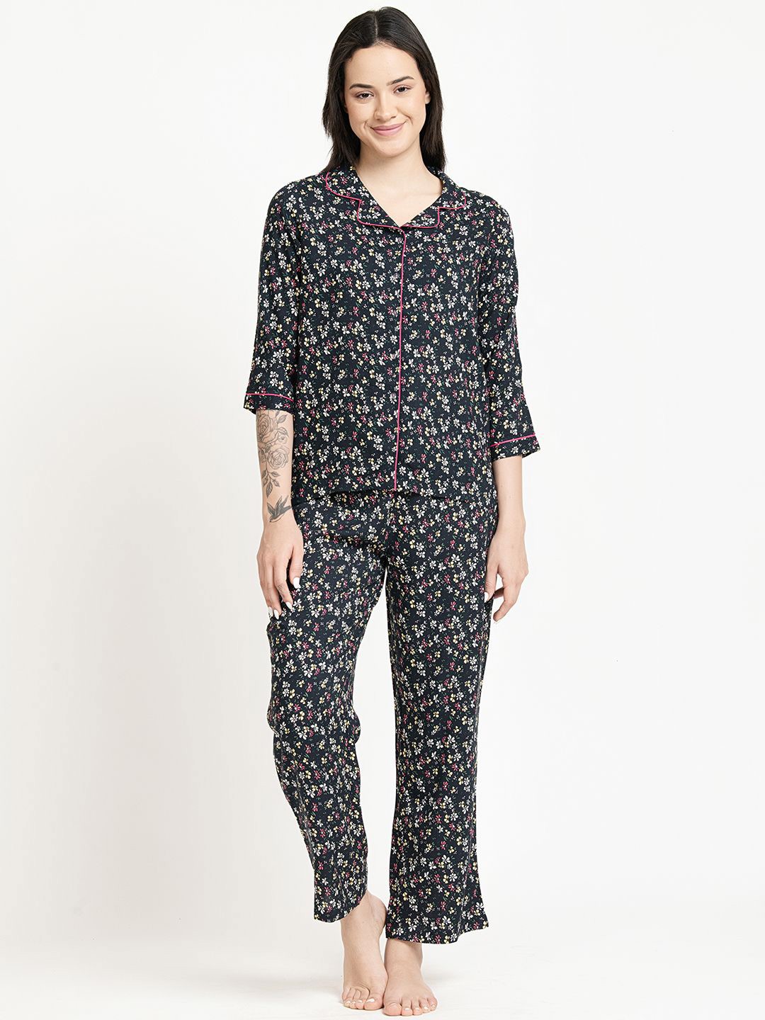 

June 9 Clothing Floral Printed Lapel Collar Shirt with Pyjamas, Navy blue
