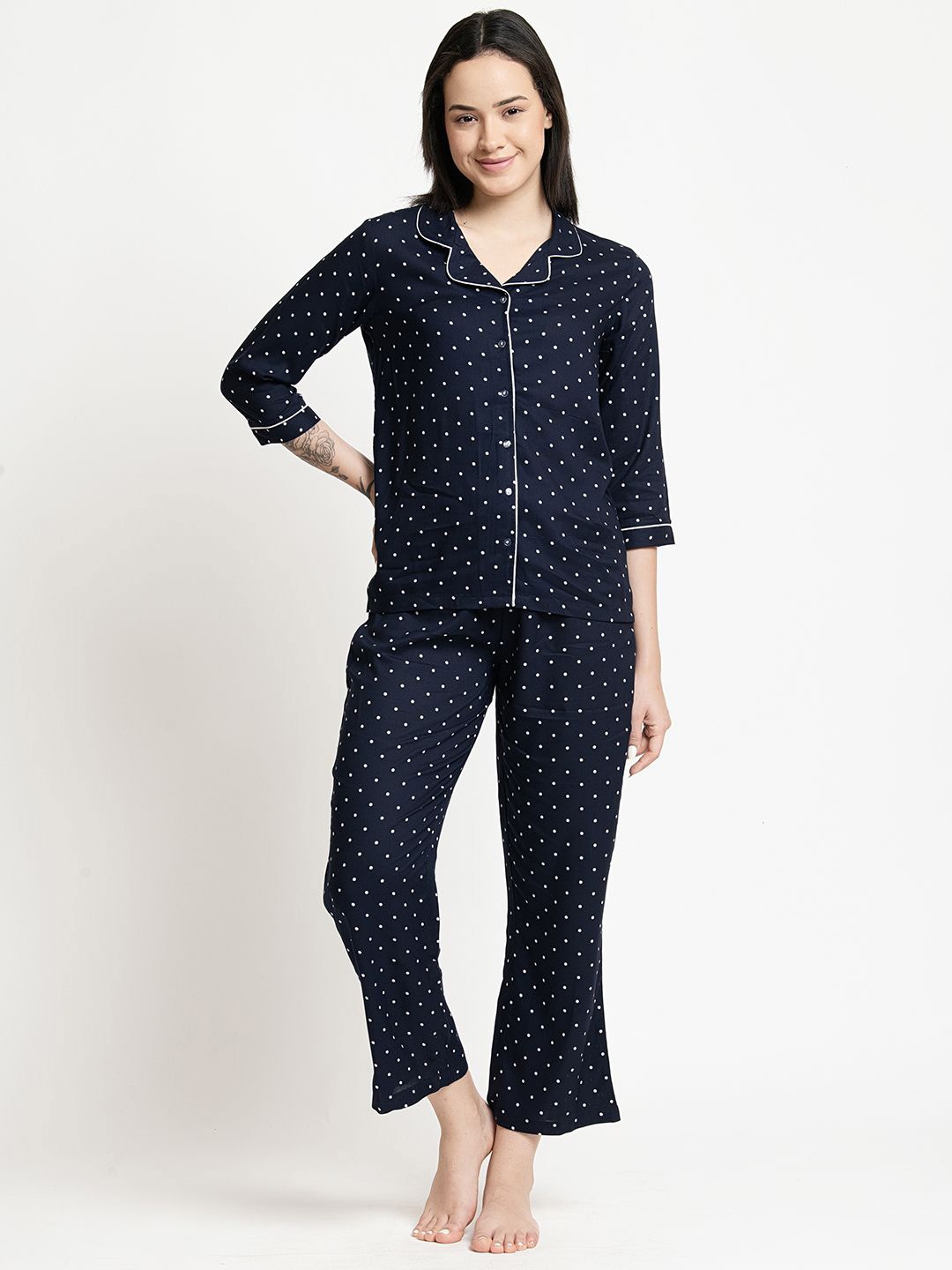 

June 9 Clothing Printed Lapel Collar Shirt With Pyjama, Navy blue