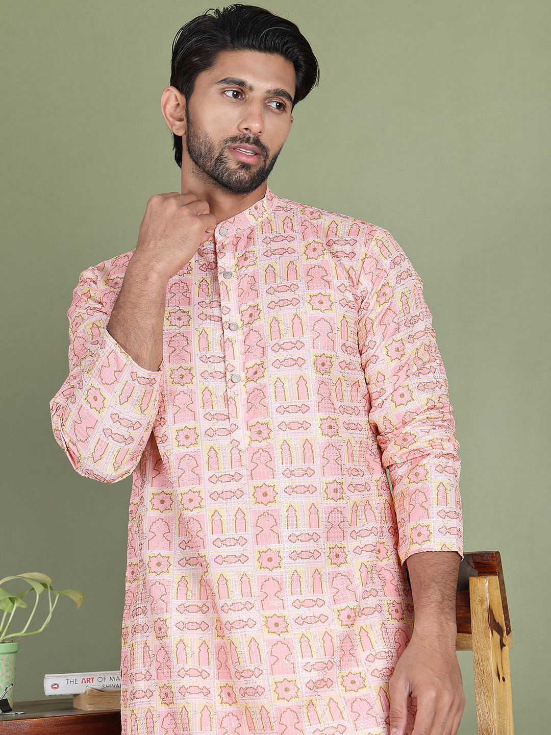 

Jompers Geometric Printed Sequinned Band Collar Straight Kurta With Pyjama, Peach