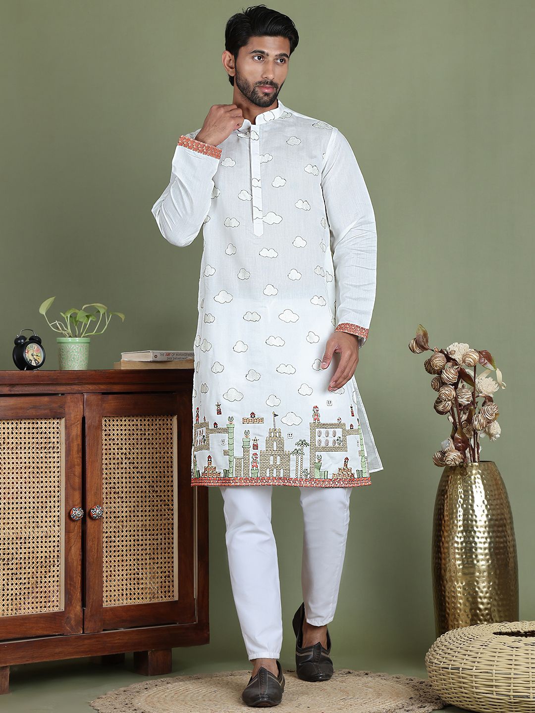 

Jompers Quirky Embroidered Mandarin Collar Straight Kurta With Pyjama, White