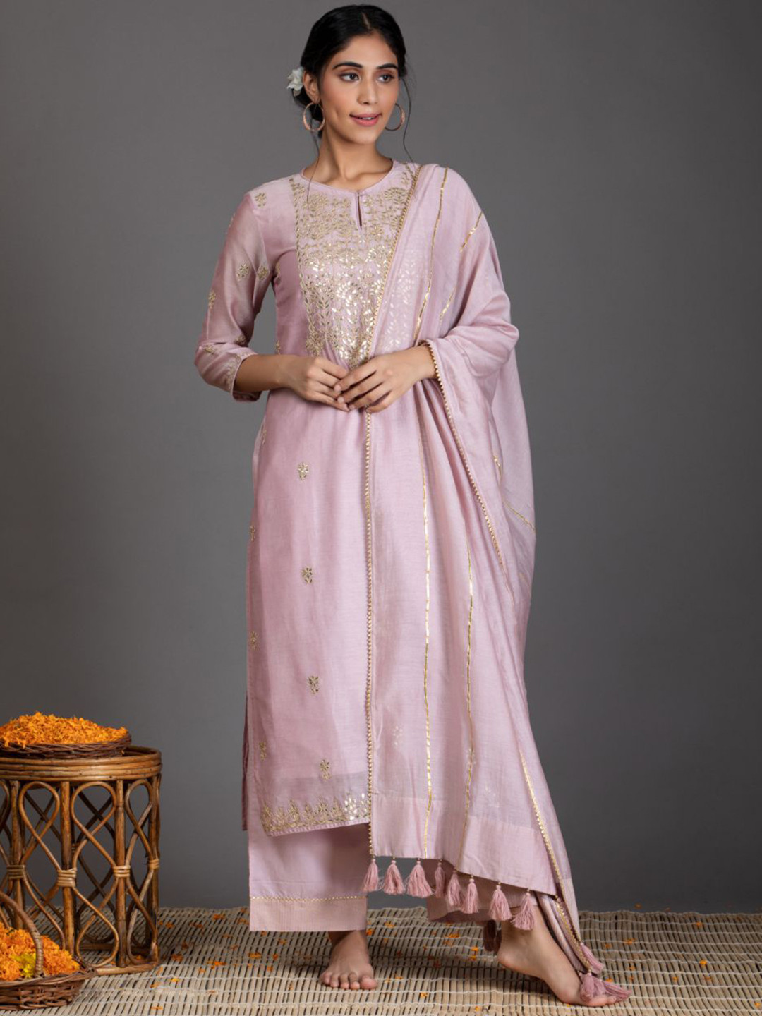 

Kameez by Pooja Kejriwal Floral Embroidered Straight Kurta With Trousers & Dupatta, Pink