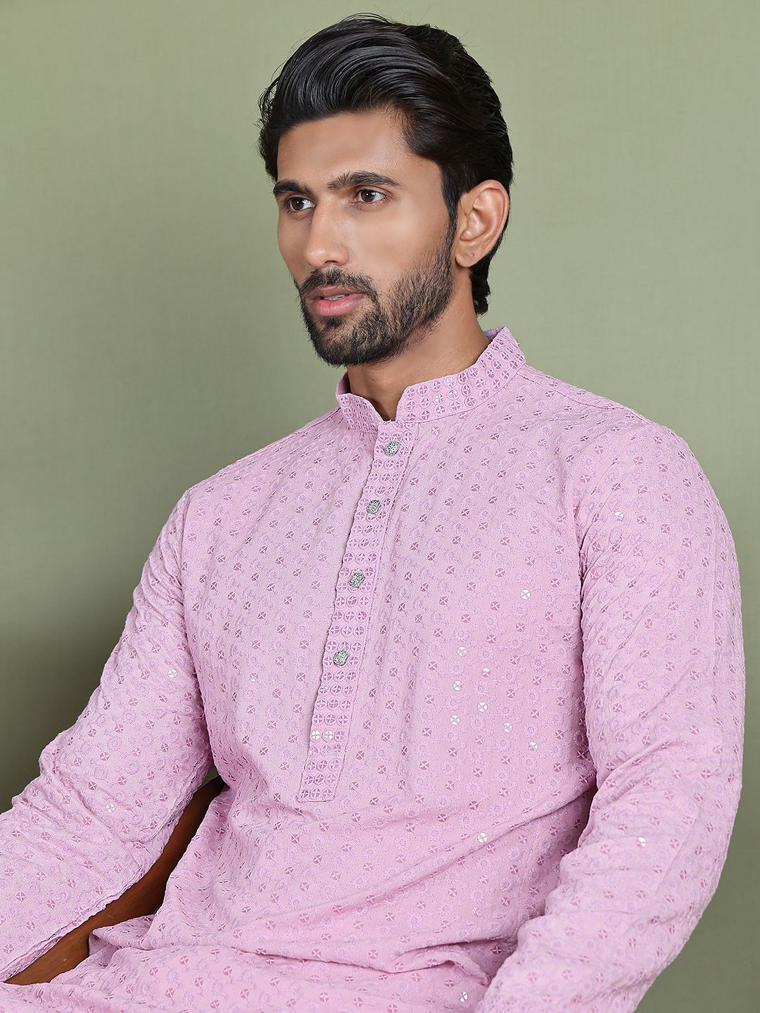 

Jompers Sequined Embroidered Mandarin Collar Straight Kurta With Trouser, Pink