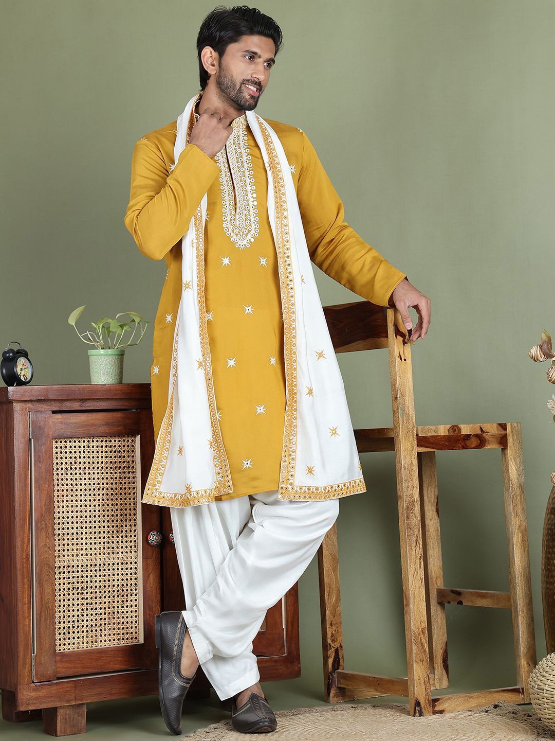 

Jompers Ethnic Motifs Printed Mirror Work Straight Kurta With Salwar And Dupatta, Mustard