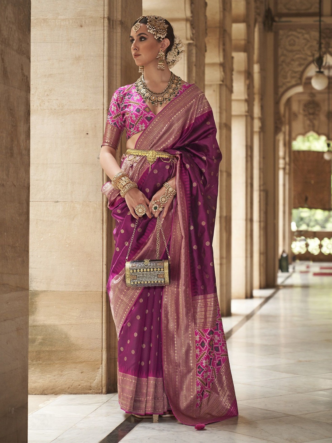 

MAHALASA Ethnic Motifs Woven Design Pure Silk Patola Saree, Magenta