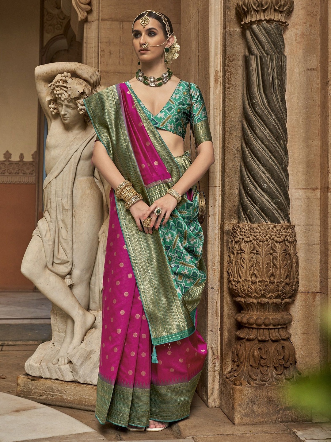 

MAHALASA Ethnic Motifs Woven Design Zari Pure Silk Patola Saree, Pink